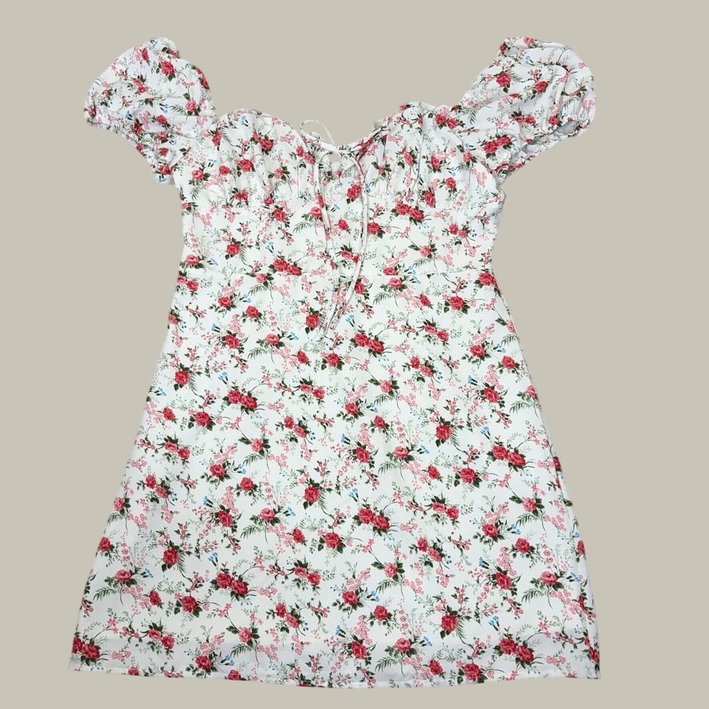 SHEIN Womens Floral Print Smocked Babydoll Dress L White Cottagecore Milkmaid